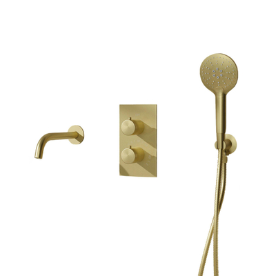 Fortifura Calvi Ensemble de robinet de baignoire - bec - 22cm réductible - flexible en métal - douchette ronde - partie encastrable - support mural - laiton brossé