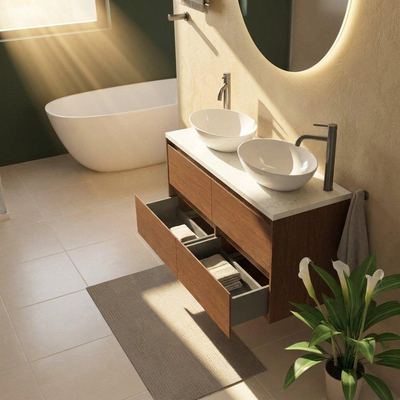 Saniclass Holz Pure Ensemble de meubles de salle de bains - 120x45x63cm - Plan vasque en marbre Dia poli (blanc) - 2 trous de robinet - 4 tiroirs - walnut pure mat (bois)