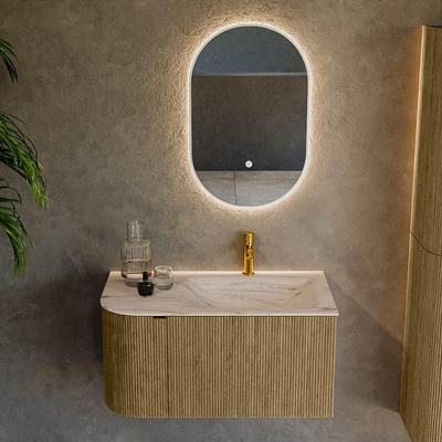 MONDIAZ KURVE-DLUX 85cm badmeubel ronding Links kleur Dusk met 1 lade en 1 deur. Wastafel CLOUD Rechts 1 kraangat Nata.