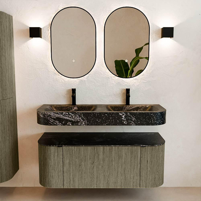 MONDIAZ THOR-DLUX 120cm meuble de salle de bains arrondi gauche + droite couleur Shadow avec 1 tiroir et 2 portes. Vasque suspendue CLOUD Double 2 trous de robinet couleur Lava.