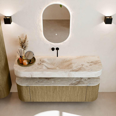 MONDIAZ THOR-DLUX 150cm meuble de salle de bains arrondi gauche + droite couleur Dusk avec 1 tiroir et 2 portes. Vasque suspendue CLOUD Milieu sans trou de robinet couleur Frappe.