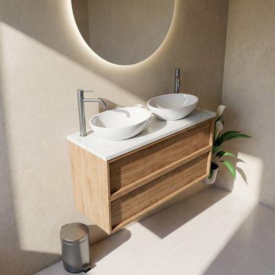 Saniclass Holz Frame Ensemble meuble de salle de bains - 120x45x63cm - Plan vasque en marbre Dia poli (blanc) - 2 trous de robinetterie - 2 tiroirs - chêne natural mat (bois)
