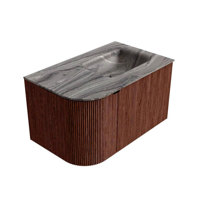 MONDIAZ KURVE-DLUX meuble de salle de bain 75cm arrondi à gauche couleur Ruby avec 1 tiroir et 1 porte. Lavabo GRUNNE à droite sans trou de robinetterie Sombra.