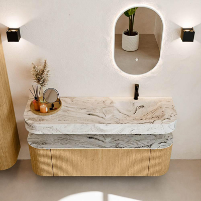 MONDIAZ THOR-DLUX 150cm meuble de salle de bains arrondi gauche + droite couleur Oak avec 1 tiroir et 2 portes. Vasque suspendue CLOUD Droite 1 trou de robinet couleur Glace.