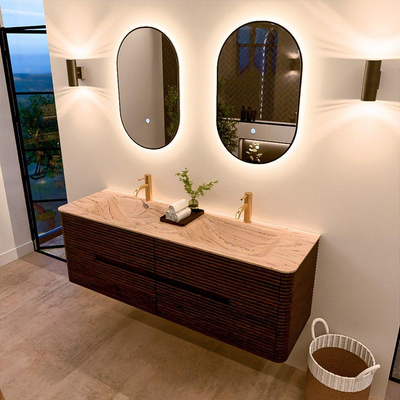 Mondiaz CIRO-DLUX Ensemble de meubles de salle de bains - 150x45x50cm - Plan vasque solid surface Arena - 2 vasques double - 2 trous de robinetterie - 4 tiroirs - Noyer