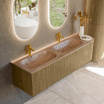 MONDIAZ KURVE-DLUX Meuble de salle de bains 165cm arrondi Droite couleur Dusk avec 2 tiroirs et 1 porte. Lavabo STOR SMALL Double / Gauche 2 trous de robinet Arena.
