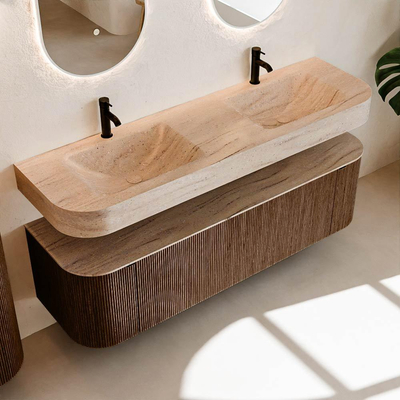 MONDIAZ THOR-DLUX 160cm meuble de salle de bains arrondi gauche + droite couleur Walnut avec 1 tiroir et 2 portes. Vasque suspendue CLOUD Double 2 trous de robinet couleur Saba.