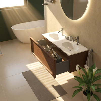 Saniclass Holz Frame Ensemble meuble de salle de bains - 120x45x54cm - Chaci lavabo en céramique blanc - 2 vasques - 2 trous de robinetterie - 1 tiroir - mat walnut pure (bois)