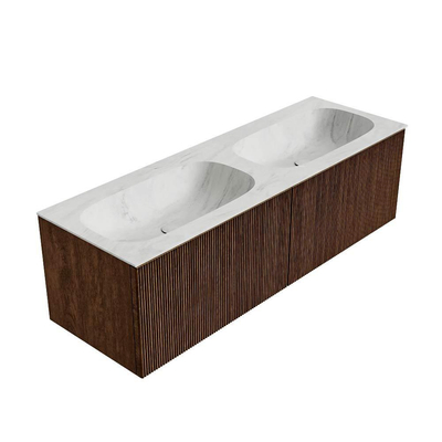 MONDIAZ KURVE-DLUX Meuble de salle de bains 140 cm couleur Walnut avec 2 tiroirs. Lavabo STOR SMALL double 2 trous de robinet couleur Opalo.