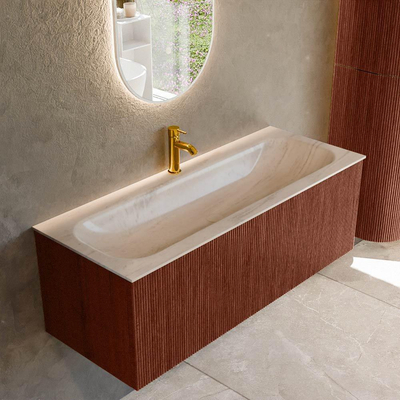 MONDIAZ KURVE-DLUX Meuble de salle de bains 120 cm couleur Ruby avec 1 tiroir et 0 porte. Lavabo BIG LARGE Central 1 trou de robinet Meli.