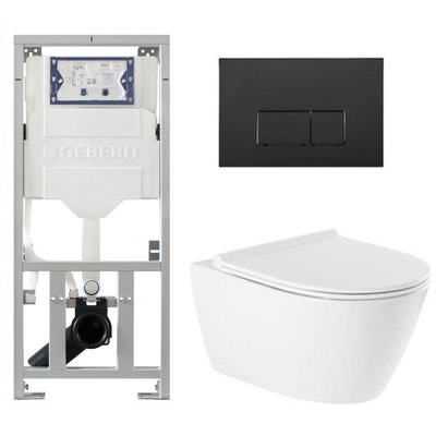 QeramiQ Salina Pack WC - sans bride - réservoir encastré Geberit - à fond creux WC suspendu - fermeture douce - déverrouillage rapide - panneau de commande avec boutons rectangulaires - noir mat - blanc