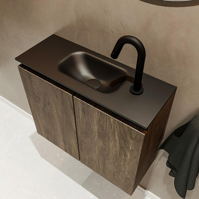 MONDIAZ TURE Toiletmeubel 60x23x50cm met 1 kraangaten 2 deuren dark brown mat Wastafel Eden midden Solid Surface Zwart