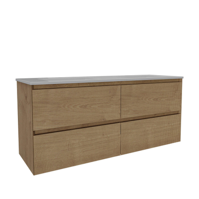 Saniclass Holz Atelier Meuble de salle de bain - 140x45x60cm - lavabo en céramique blanc - 2 vasques - 2 trous de robinet - 4 tiroirs - Chêne Natural