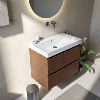 Saniclass Holz Atelier Ensemble meuble de salle de bains - 80x45x67.5cm - lavabo Wave en céramique - 1 vasque - sans trou de robinetterie - 2 tiroirs - walnut pure mat (bois)