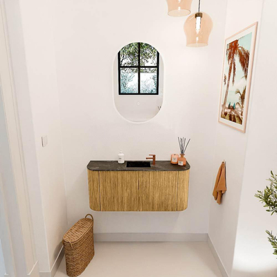 Mondiaz JOYA-DLUX 93.2cm toiletmeubel - ronding links en rechts kleur Oak - Wastafel FAYE positie Midden 1 kraangat kleur Lava.