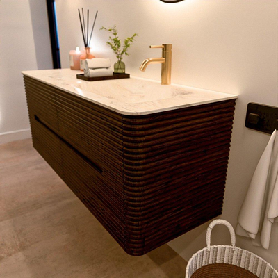 Mondiaz CIRO-DLUX Badkamermeubelset - 130x45x50cm - Solid surface wastafel Ostra - 1 wasbak Rechts - 1 kraangat - 4 lades - Walnut