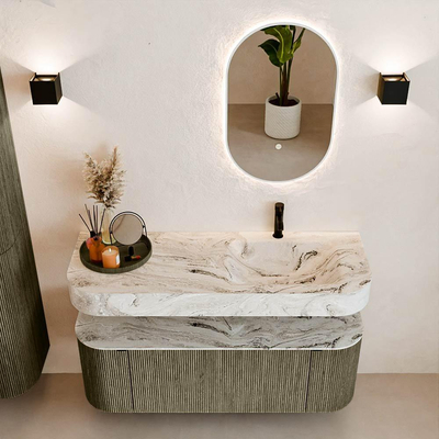 MONDIAZ THOR-DLUX 130cm meuble de salle de bains arrondi gauche + droite couleur Shadow avec 1 tiroir et 2 portes. Vasque suspendue CLOUD Droite 1 trou de robinet couleur Glace.