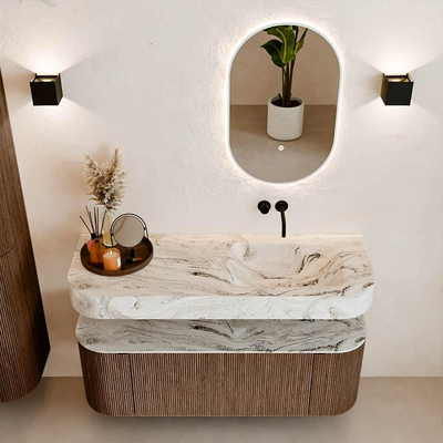 MONDIAZ THOR-DLUX 130cm meuble de salle de bains arrondi gauche + droite couleur Walnut avec 1 tiroir et 2 portes. Vasque suspendue CLOUD Droite sans trou de robinet couleur Glace.