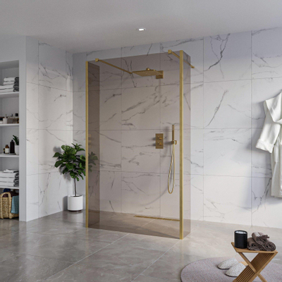 Fortifura Galeria Douche à l'italienne - 120x200cm - verre fumé - anticalcaire - verre de sécurité 8mm - 2 parois latérales 30cm - avec bras muraux et profilés d'angle - Laiton brossé (doré)