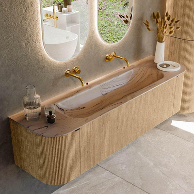 MONDIAZ KURVE-DLUX 170cm badmeubel ronding Links + Rechts kleur Oak met 1 lade en 2 deuren. Wastafel BIG LARGE Midden zonder kraangat Arena.