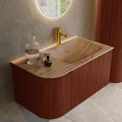 MONDIAZ KURVE-DLUX Meuble de salle de bains 85cm arrondi à gauche couleur Ruby avec 1 tiroir et 1 porte. Lavabo CLOUD à droite 1 trou de robinet Arena.