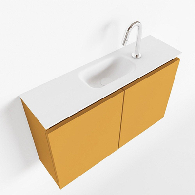 MONDIAZ TURE Toiletmeubel 80x23x50cm met 1 kraangaten 2 deuren ocher mat Wastafel Eden midden Solid Surface Wit