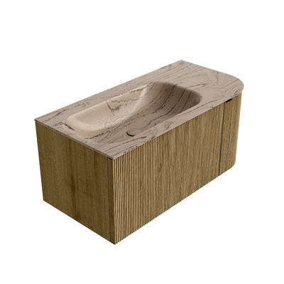 MONDIAZ KURVE-DLUX Meuble de salle de bains 95cm arrondi à droite couleur Dusk avec 1 tiroir et 1 porte. Lavabo BIG SMALL à gauche sans trou de robinet Arena.