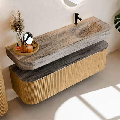 MONDIAZ THOR-DLUX 150cm badmeubel ronding links + rechts kleur Oak met 1 lade en 2 deuren. Vrijhangende wastafel CLOUD Rechts 1 kraangat kleur Oza.