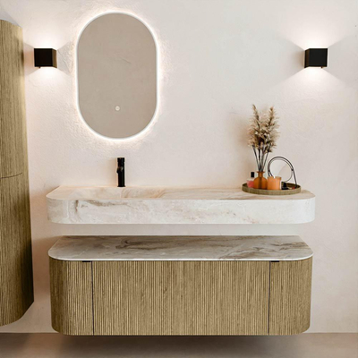 MONDIAZ THOR-DLUX 140cm meuble de salle de bains arrondi gauche + droite couleur Dusk avec 1 tiroir et 2 portes. Vasque suspendue CLOUD Gauche 1 trou de robinet couleur Frappe.