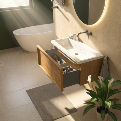 Saniclass Holz Frame Ensemble meuble de salle de bains - 100x45x43.5cm - Lavabo Bari en céramique blanc - 1 vasque - sans trou de robinet - 1 tiroir - chêne natural mat (bois)