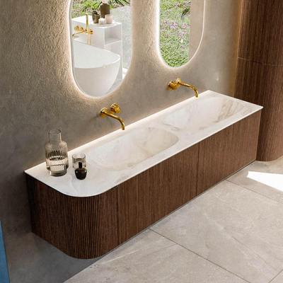 MONDIAZ KURVE-DLUX 165cm badmeubel met module 25 L kleur Walnut met 2 lades en 1 deur. Wastafel STOR SMALL dubbel / rechts zonder kraangat kleur Frappe.