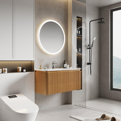Royal Plaza Terra Edge Badkamermeubelset - 100x45.5x46cm - keramische wastafel wit glans - 1 wasbak - 1 kraangat - 2 lades - sandwood (licht eiken)