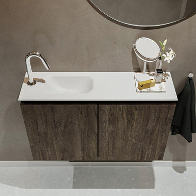 MONDIAZ TURE Kit lave-mains - 80x23x50cm - 1 trou de robinet - 2 portes - marron foncé mat - Lavabo à gauche - Acrylique Blanc