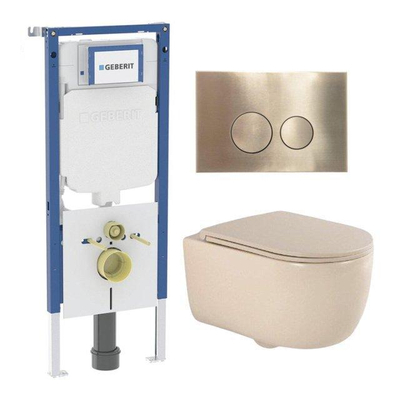 QeramiQ Dely Swirl Toiletset - 36.3x51.7cm - Geberit UP720 Duofix Sigma inbouwreservoir -slim zitting - geborsteld messing bedieningsplaat - ronde knoppen - beige