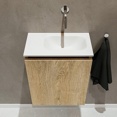 MONDIAZ TURE Kit lave-mains - 40x23x50cm - 0 trous de robinet - 1 porte - chêne blanchi mat - Lavabo à droite - Solid Surface Blanc