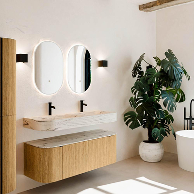 MONDIAZ THOR-DLUX 130cm meuble de salle de bains arrondi gauche + droite couleur Oak avec 1 tiroir et 2 portes. Vasque suspendue CLOUD Double 2 trous de robinet couleur Nata.