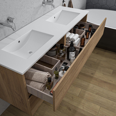 Saniclass Chaci Ensemble meuble de salle de bains - 140x46x55cm - 4 tiroirs - lavabo en céramique blanc - 2 bassins - sans trous de robinet - chêne
