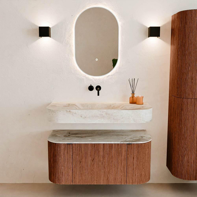 MONDIAZ THOR-DLUX Meuble de salle de bains - 100cm - arrondi gauche + droite - couleur Ruby - 1 tiroir - 2 portes - Vasque suspendue CLOUD Centre sans trou de robinet - couleur Frappe