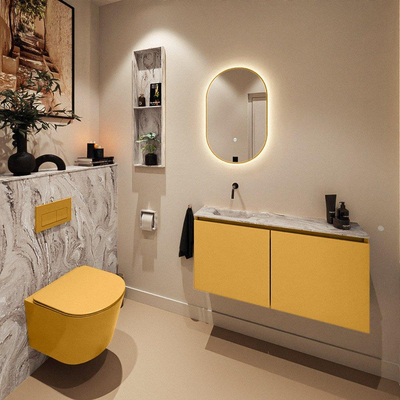 MONDIAZ TURE-DLUX Meuble toilette - 100cm - Ocher - EDEN - vasque Glace - position gauche - sans trou de robinet