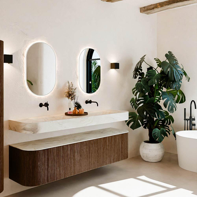 MONDIAZ THOR-DLUX 180cm meuble de salle de bains arrondi gauche + droite couleur Walnut avec 2 tiroirs et 2 portes. Vasque suspendue CLOUD Double sans trou de robinet couleur Ostra.