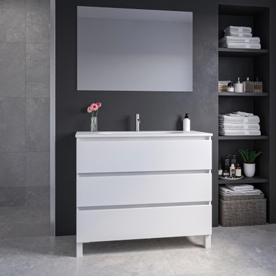 Saniclass Chaci PLUS Ensemble meuble de salle de bains - 100x86x46cm - lavabo en céramique blanc - 1 vasque ovale - 1 trou de robinet - 3 tiroirs - miroir rectangulaire - blanc mat