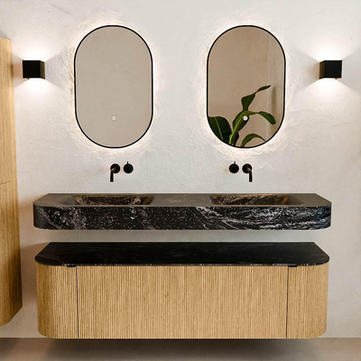 MONDIAZ THOR-DLUX 160cm meuble de salle de bains arrondi gauche + droite couleur Oak avec 1 tiroir et 2 portes. Vasque suspendue CLOUD Double sans trou de robinet couleur Lava.