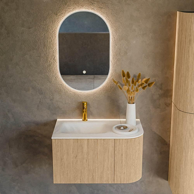 MONDIAZ KURVE 75cm Meuble salle de bain avec module 25 D - couleur Oak - 1 tiroir - 1 porte - vasque GRUNNE gauche - 1 trou de robinet - Talc