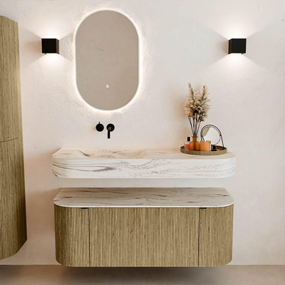 MONDIAZ THOR-DLUX 120cm meuble de salle de bains arrondi gauche + droite couleur Dusk avec 1 tiroir et 2 portes. Vasque suspendue CLOUD Gauche sans trou de robinet couleur Nata.