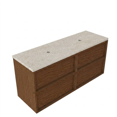 Saniclass Holz Frame Ensemble meuble de salle de bains - 140x45x63cm - Plan de travail en pierre naturelle travertin - sans trou de robinet - 4 tiroirs - brillant walnut pure (bois)