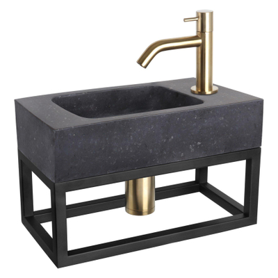 Differnz Force fonteinset - 40x22x9cm - Rechthoek - 1 kraangat - Gebogen matte goude kraan - met zwart frame - Natuursteen Zwart SHOWROOMMODEL