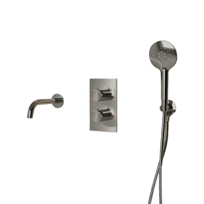Fortifura Calvi Badkraan set - uitloop - 22cm inkortbaar - metalen slang - ronde handdouche - inbouwdeel - wandhouder - PVD - geborsteld RVS