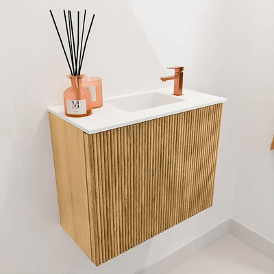 Mondiaz JOYA 50cm toiletmeubel - kleur Oak - Wastafel FAYE positie Rechts 1 kraangat kleur Talc.