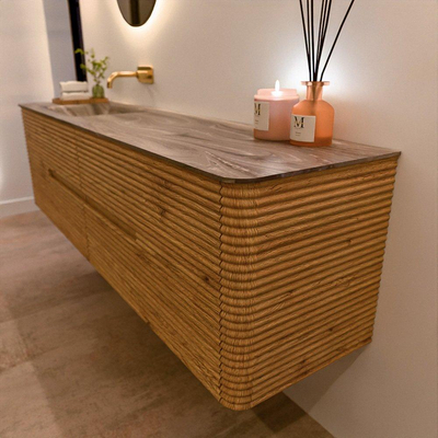 Mondiaz CIRO-DLUX Badkamermeubelset - 180x45x50cm - Solid surface wastafel Sombra - 1 wasbak Links - zonder kraangaten - 4 lades - Oak