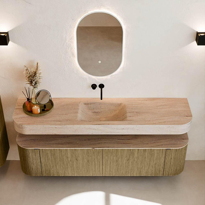 MONDIAZ THOR-DLUX 180cm meuble de salle de bains arrondi gauche + droite couleur Dusk avec 2 tiroirs et 2 portes. Vasque suspendue CLOUD Milieu sans trou de robinet couleur Saba.